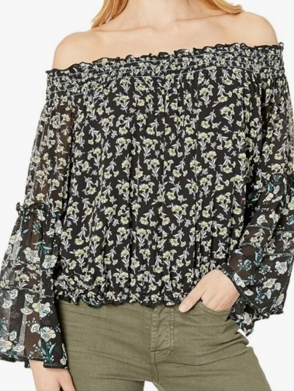 Free People Black Smocked Waist Floral Skirt with Teal Stitching